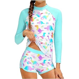 Cute Girls Swimsuit Sunscreen Shirt+ Boyshorts Two Piece Lovely Colorful Cartoon Dinosaur Print Rash Guard Sets