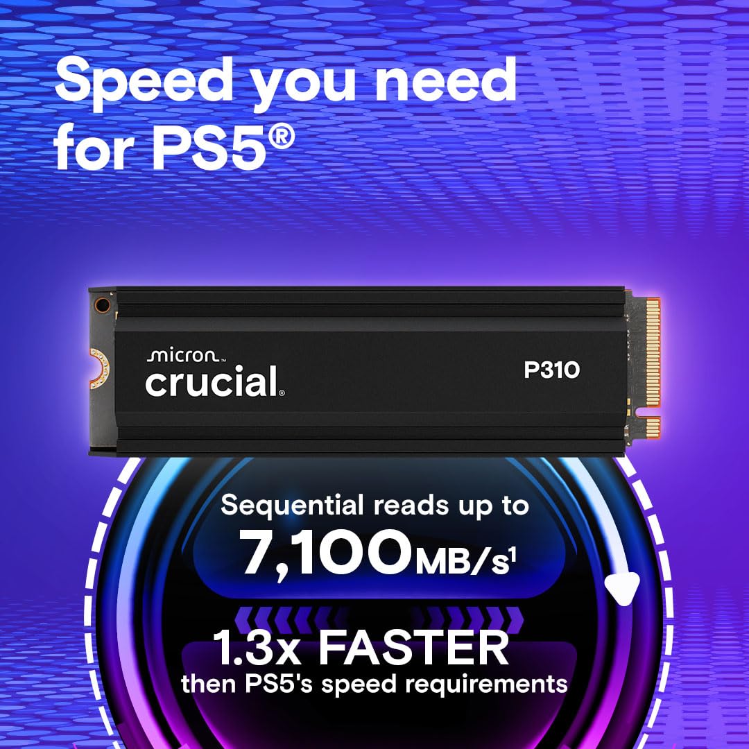 Crucial P310 PS5 SSD 2TB PCIe Gen4 NVMe M.2 Interne Festplatte mit Kühlkörper, bis 7100 MB/s, Gaming für PS5, Desktop PC - CT2000P310SSD5-01 2
