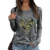 Flamingals Women's Long Sleeve Tops Round Neck Heart Pattern Casual 2025 Trendy Shirts