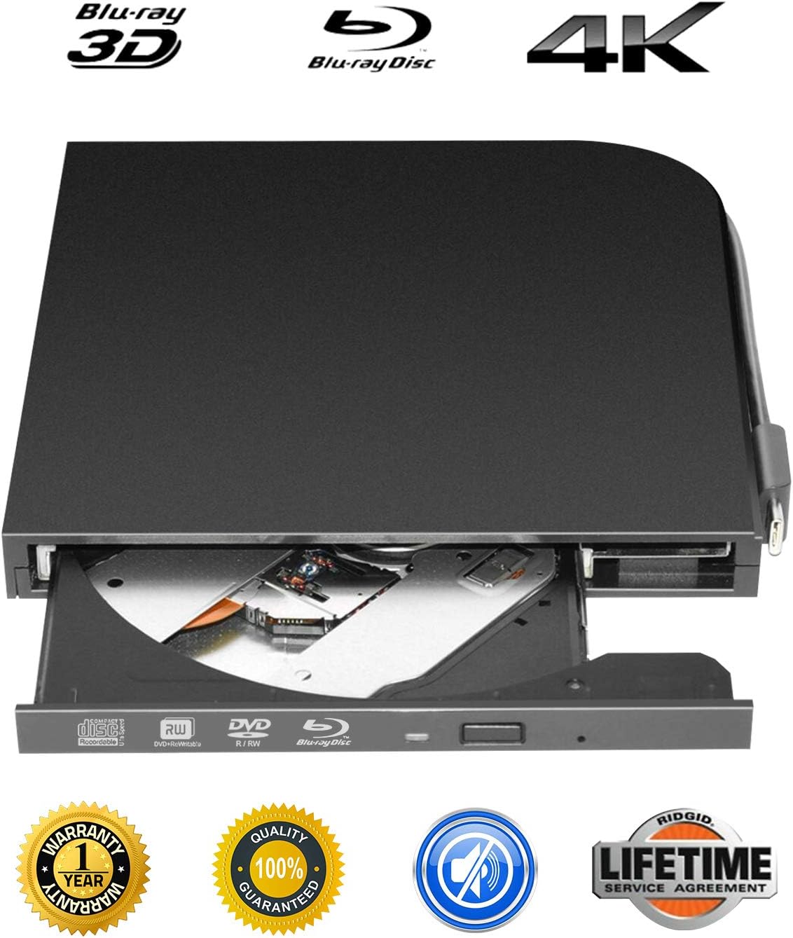 External Blu-ray DVD Drive Portable USB 3.1 Type-C USB-C 4K Blu-ray CD Burner USB 2.0 External 3D Blu-ray Player BD-ROM for PC Computer Netbook Desktop-Black