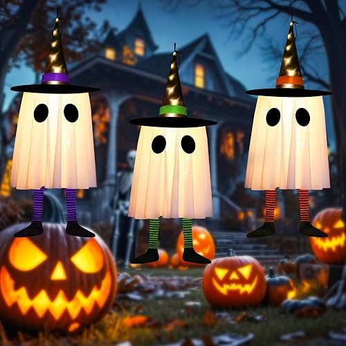 CNMTCCO Halloween Decorations,3 Pack Witcher Hat,Hanging witch,Lighted Flying Ghost Grim,White Ghost Wizard Hat,for Party Patio Door Window Tree Porch Home Lawn Wall