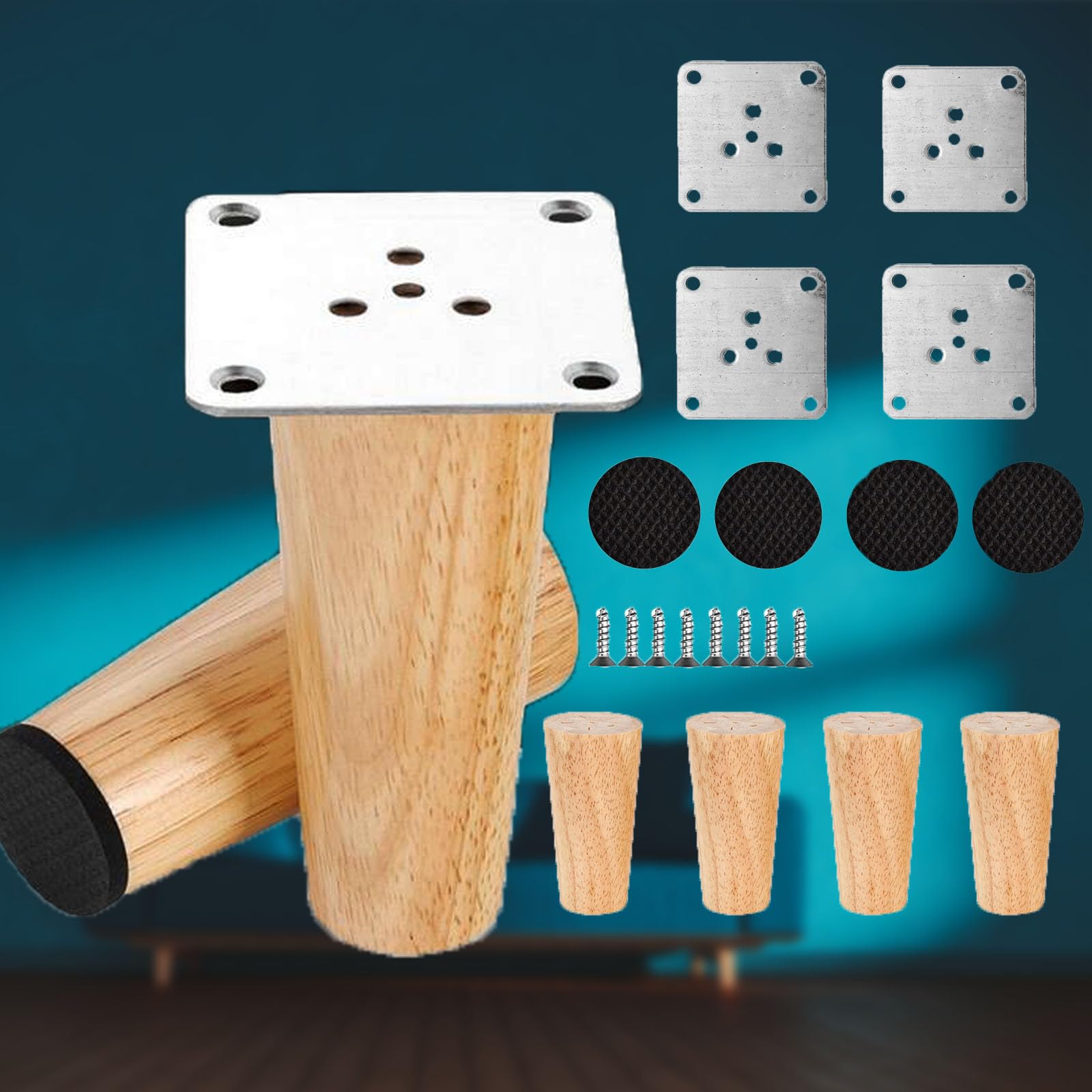 4 Pack Furniture Legs, Wooden Sofa Legs, 10cm Wood Furniture Feet, Straight Solid Tapered Wood Replacement Leg with Non-Silp Pads,Screw& Mounting Plate For Table Chair Cabinet Bed Dresser Replace Legs
