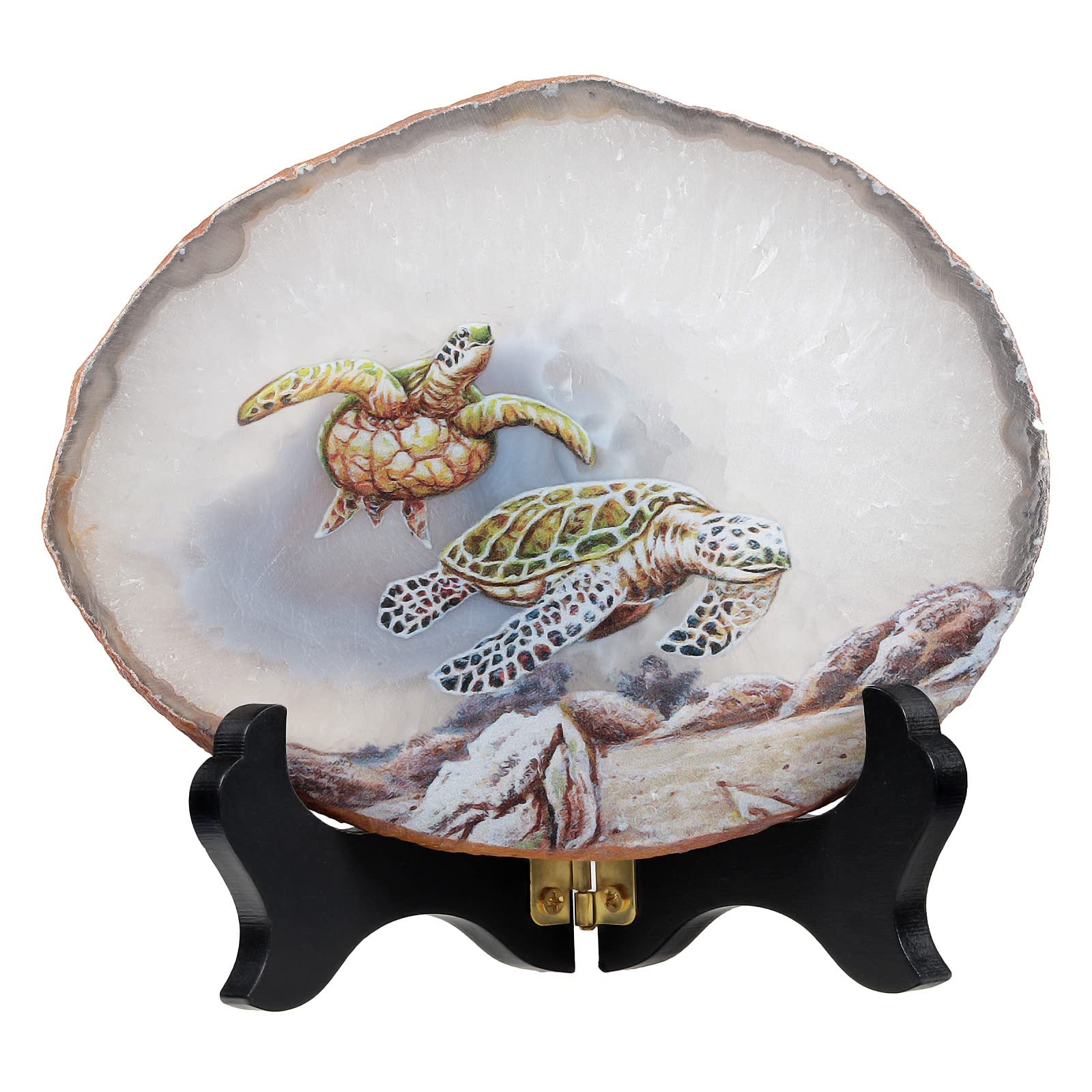KYEYGWO Natural Irregular Agate Slice Painting Decor with Wooden Stand Agate Geode Slab for Desk Hallway, Sea Turtle