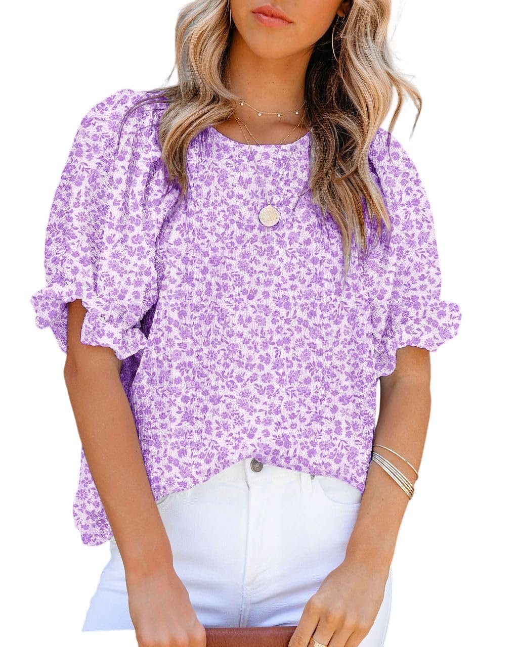 Dokotoo Womens Tops Cute Floral Print Round Neck