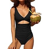 Charmo Womens One Piece Swimsuit Ruched Tummy Control High Cut Backless V Neck Bathing Suits Swimwear