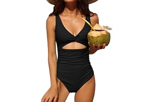 Charmo Womens One Piece Swimsuit Ruched Tummy Control High Cut Backless V Neck Bathing Suits Swimwear