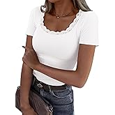GKBK Women's Short Sleeve Tops Scoop Neck Lace Trim Ribbed Fitted Tight Shirts Casual Basic Tee Spring Clothes 2026 Trendy