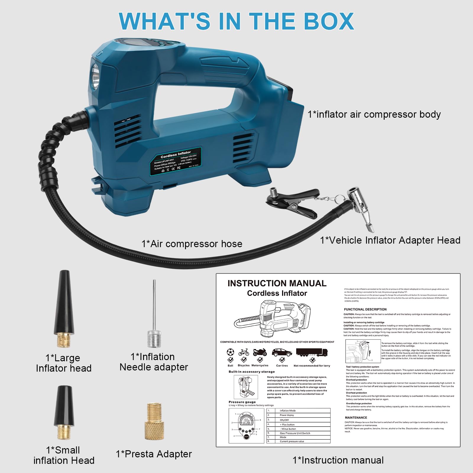 Powarobor 18V Akku Kompressor Kompatibel mit Makita 18V Akkus,10.34 bar Akku Autokompressor/kabellos Luftpumpe für Fahrrad/Auto/Motorrad 150PSI, Automatisch Stop,LED Lampe (ohne Akku, ohne Ladegerät) 9