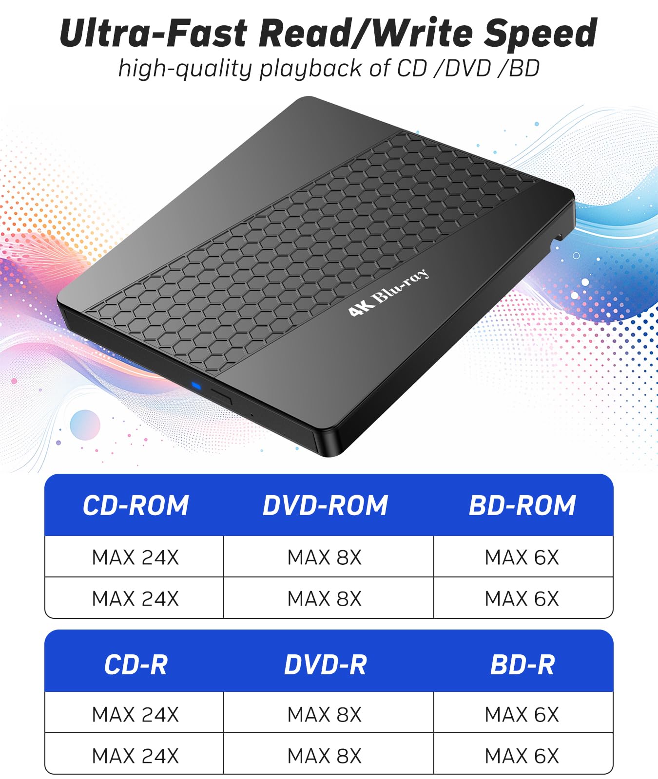 XRTFORE External 4k Blu Ray Drive for PC,Portable 4k UHD Blu Ray Player,SD/TF Port with Carry Case, USB 3.0 HD Blu-Ray Player,DVD+/-RW External Optical Drive for MacBook Pro Windows Laptop, black