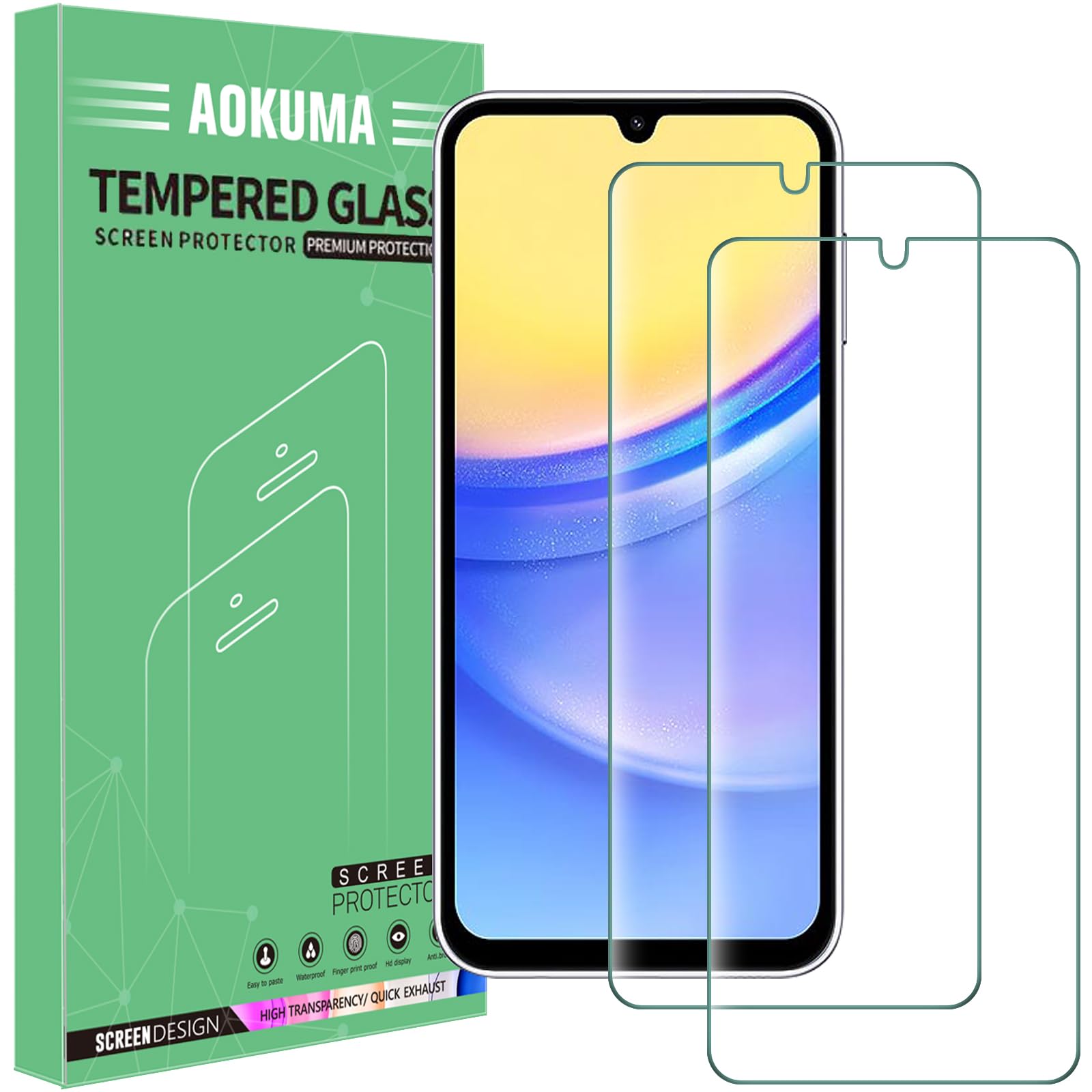 AOKUMA Tempered Glass for Samsung Galaxy A15 5G/4G,Screen Protector, [2 Pack] Premium Quality Guard Film, Case Friendly, Screen Protector for Samsung A15 5G/4G