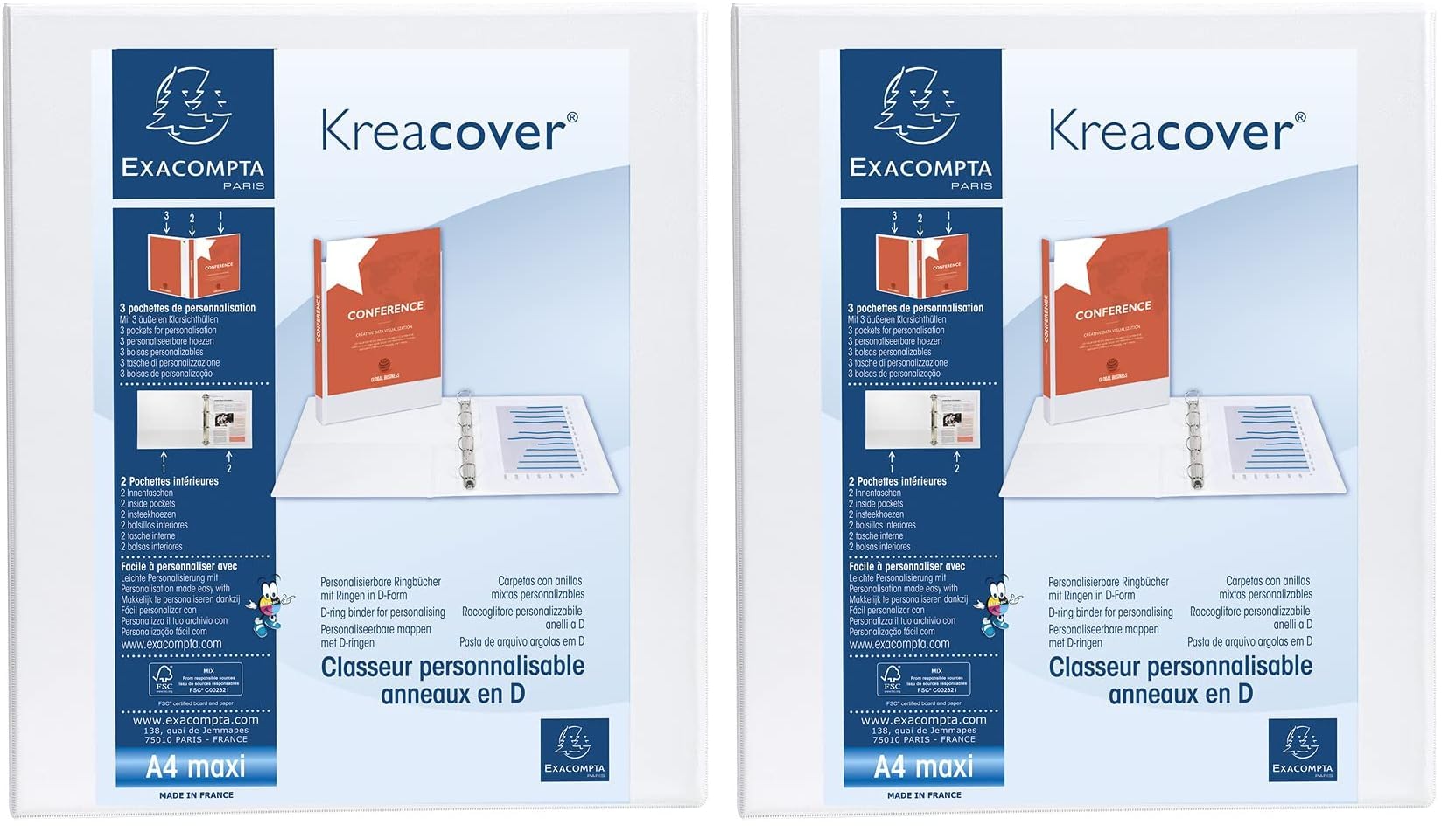 Exacompta Kreacover PP Ring Binder, A4 Maxi, 4 D-Rings, 16mm Spine - White (Pack of 2)