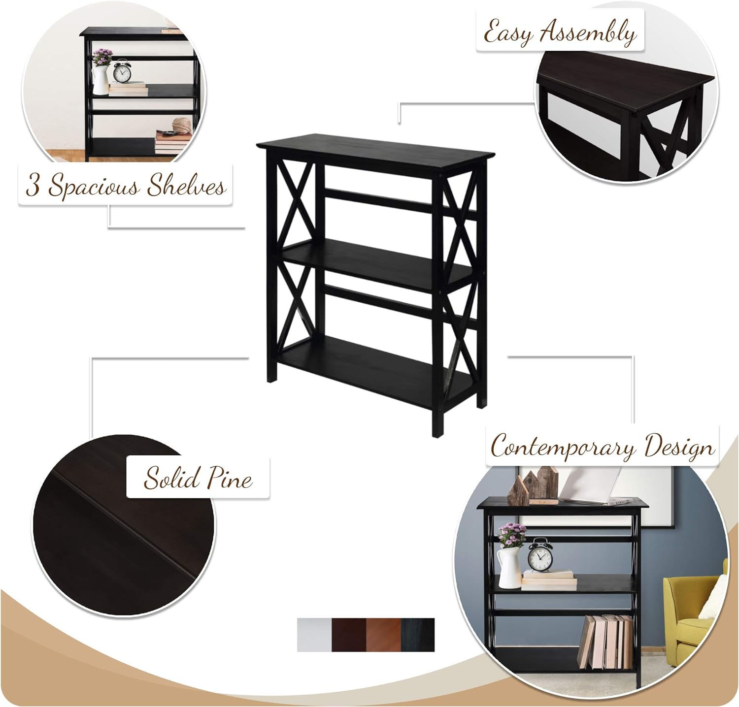 Casual Home Montego 3-Shelf Bookcase, White: Furniture & Decor