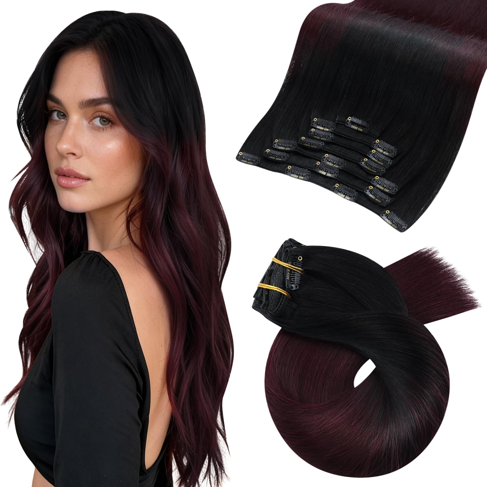 Moresoo Clip in Hair Extensions Real Human Hair Ombre Black to Wine Red Remy Human Hair Extensions Clip in Balayage Burgundy Red 14 Inch 5 Pieces/80g #1B/99J โ image 1