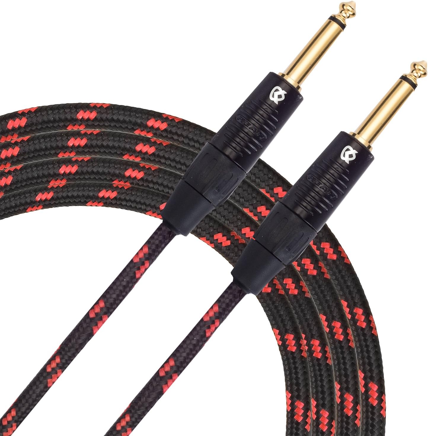 KLIQ Guitar Instrument Cable, 20 Ft - Custom Series with Premium Rean-Neutrik 1/4" Straight Gold Plugs, Black/Red Tweed