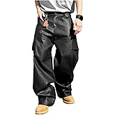BEAUDRM Men's Faux Leather Cargo Pants Y2K Wide Leg Baggy Trousers Straight Leg Leather Pants with Pockets Streetwear