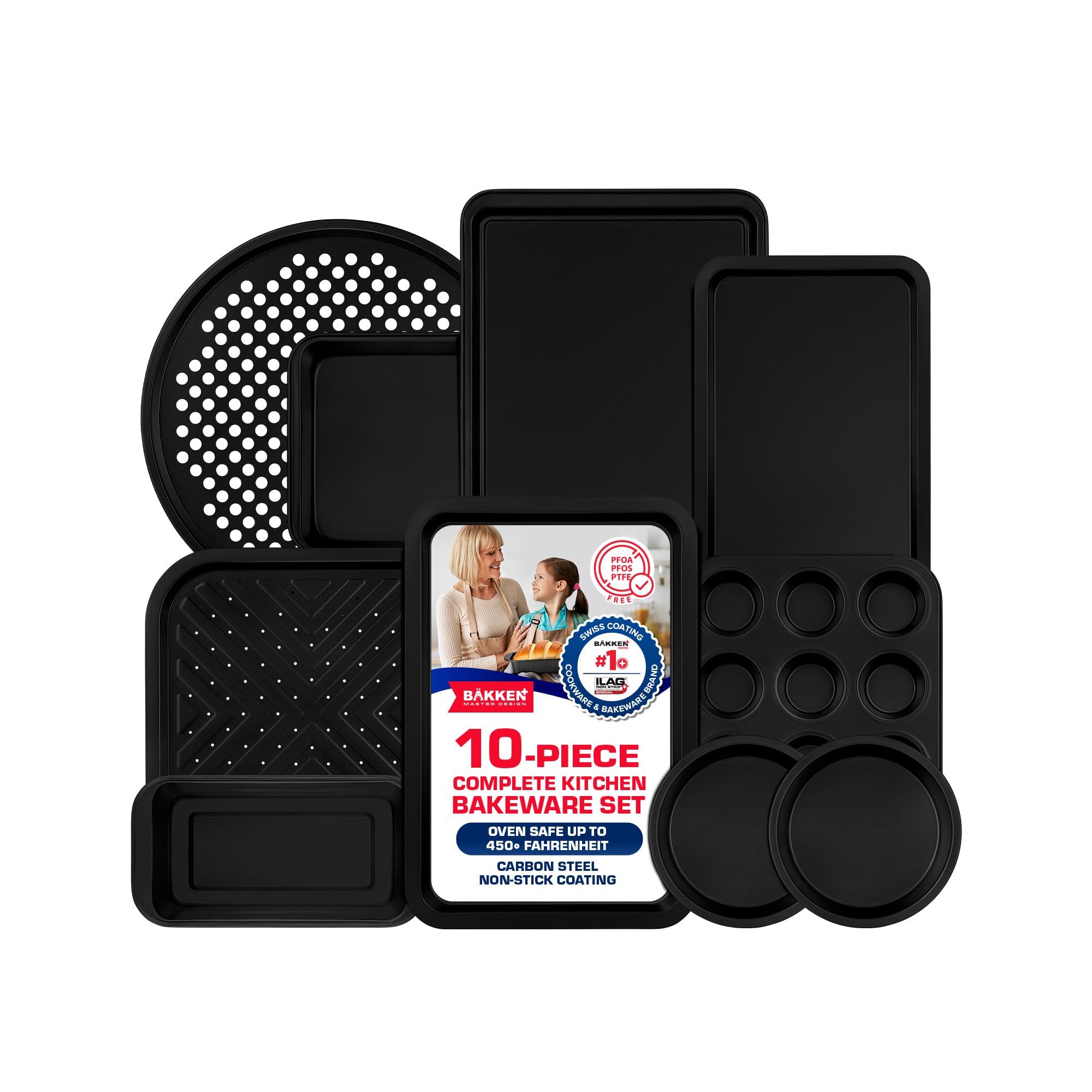 Baking Set – 10 Piece – Deluxe Non Stick Black Coating Inside and Outside – Carbon Steel Bakeware Set – PFOA PFOS and PTFE Free by Bakken Image