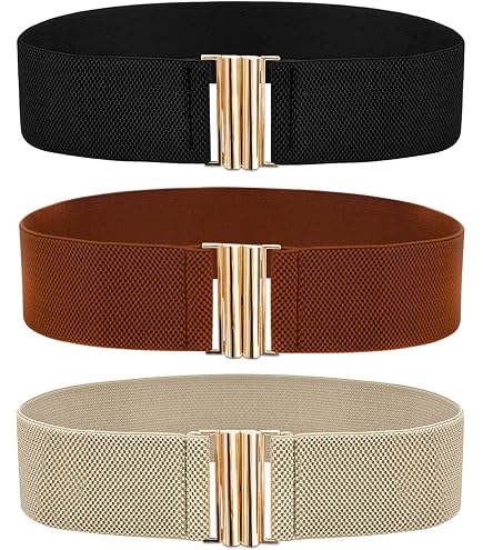 Vintage Wide Elastic Waist Belt 3 Pack Stretch Retro Chic Formal Casual Wear WERFORU 3 Pack Ladies Wide Stretch Belts Vintage Thick  main image 3