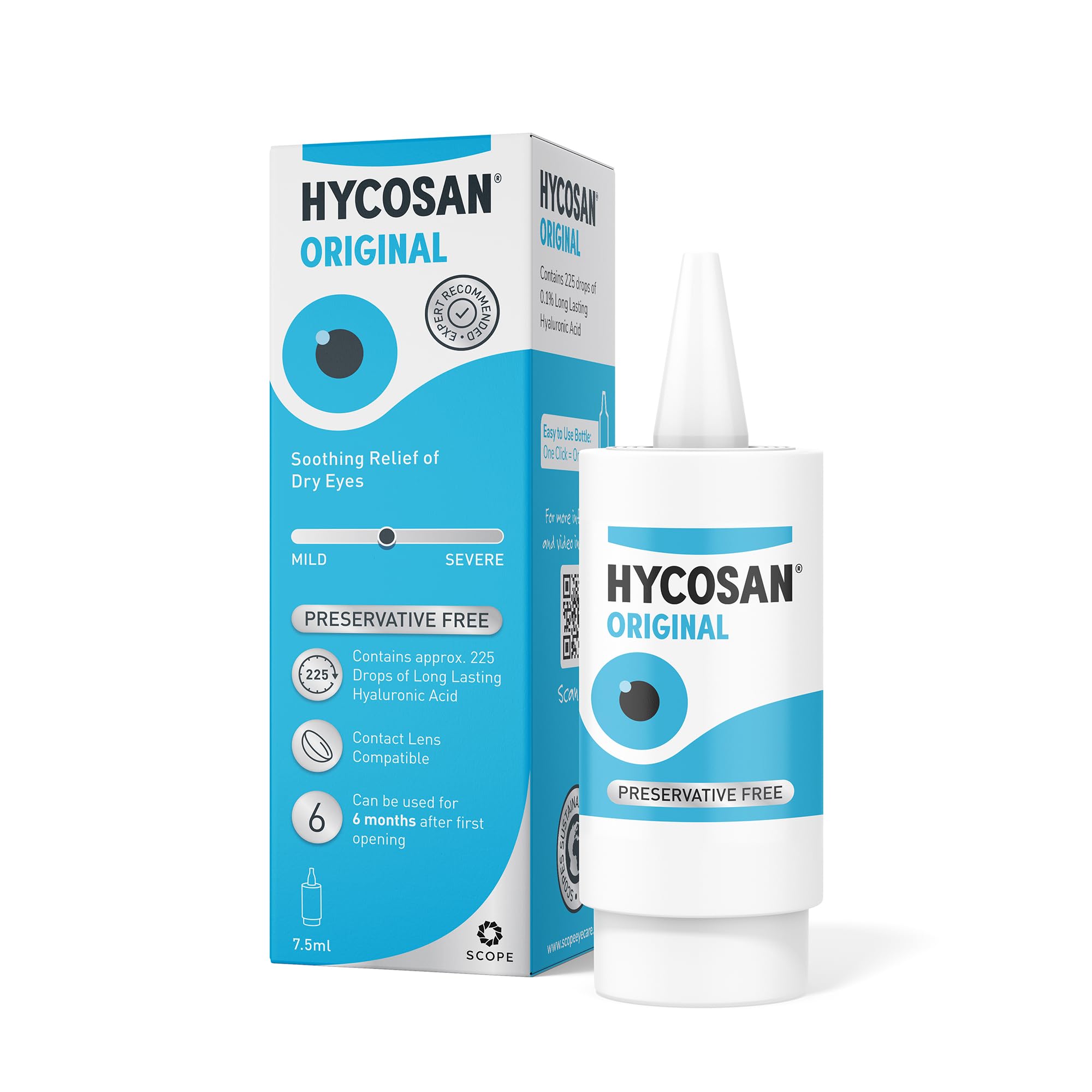 Hycosan Original - Preservative Free Eyedrops - Sodium Hyaluronate 0.1% - Eye Drops for Mild to Moderate Dry Eyes and Contact Lens Irritation - 7.5ml