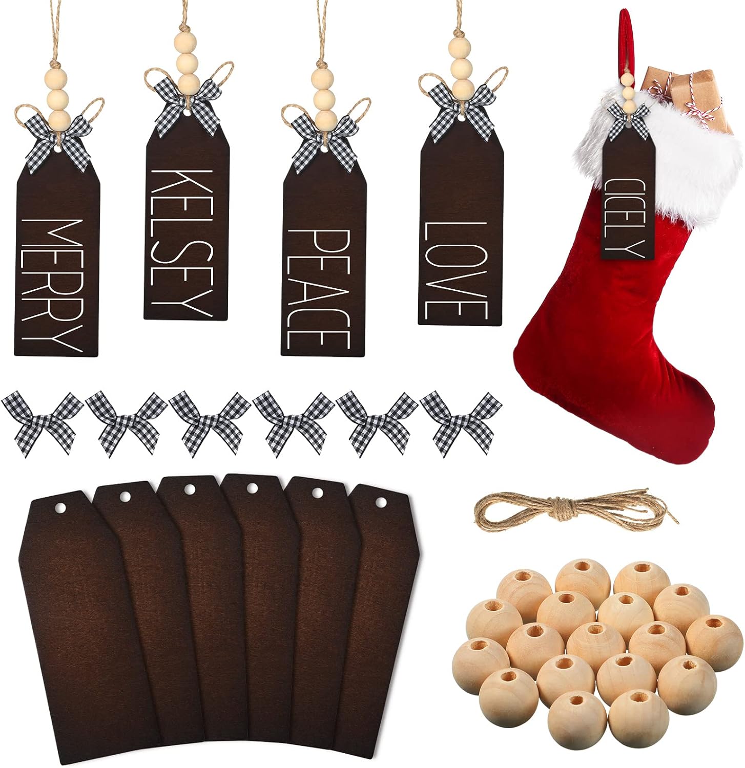 Stockings & Holders - Christmas Wood Stocking Name Tags DIY Stocking Signs Farmhouse Christmas Stocking Tag with Buffalo Check Bows for Christmas Closet Christmas Stockings Decoration (Dark Color,6 Pieces)