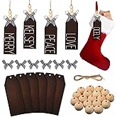 Jetec 6 Pieces Christmas Wood Stocking Name Tags DIY Stocking Signs Personalized Farmhouse Name Tag with Buffalo Check Bows for Christmas Closet Xmas Hanging Decoration (Dark Color)