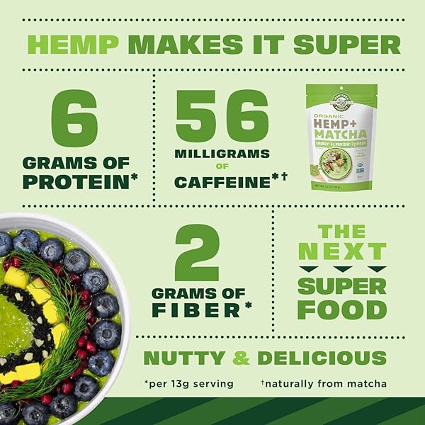 MANITOBA HARVEST ORGANIC HEMP & MATCHA POWDER, 5.5 OZ, ENERGY, 6G OF PROTEIN, 2G OF FIBER PER SERVING, MATCHA PROTEIN POWDER, VEGAN, NON-GMO PROJECT VERIFIED, 56G OF CAFFEINE, PACKAGING MAY VARY