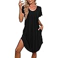 Bestshow Women's Pleated Front Loose Fit Short Sleeve Nightgowns Sleep Dress with Hand Pockets (S - 5XL)