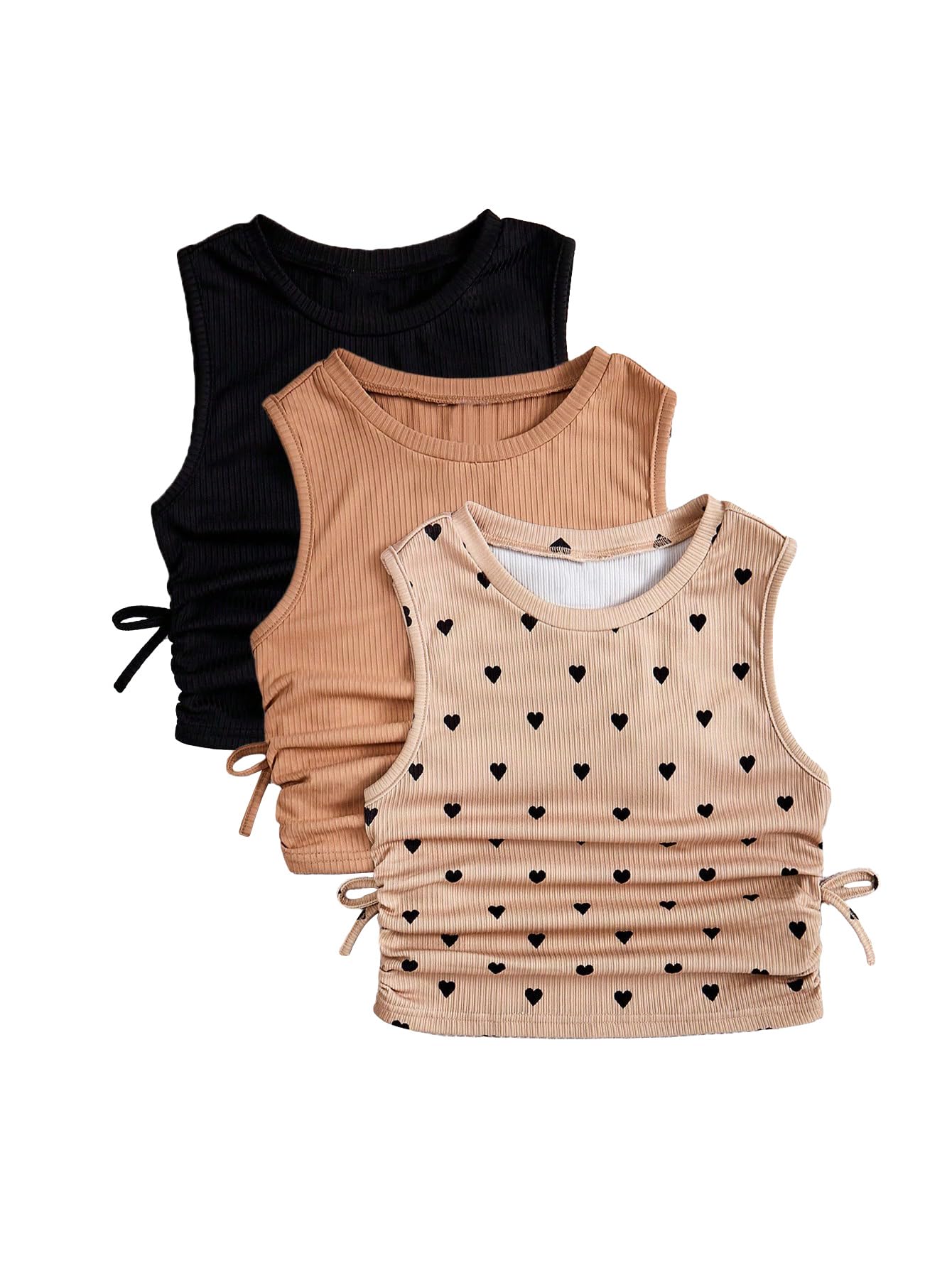 Photo 1 of (ONLY BLACK SHIRT) Milumia Girl's 3 Pack Heart Print Ruched Ribbed Knit Tank Tops Sleeveless Summer Tops Set Black and Khaki 8Y