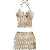GORGLITTER Women's 2 Piece Summer Vacation Beach Outfits Crochet Backless Halter Crop Top and Bodycon Mini Skirt Sets