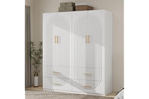 ModMakers 74" H 4 Doors 4 Drawers White Wood Wardrobe Armoire Closet, Modern Freestanding Bedroom Bathroom Organizer Storage Cabinet with Hanging Rod Shelves Drawers for Clothes Shoes