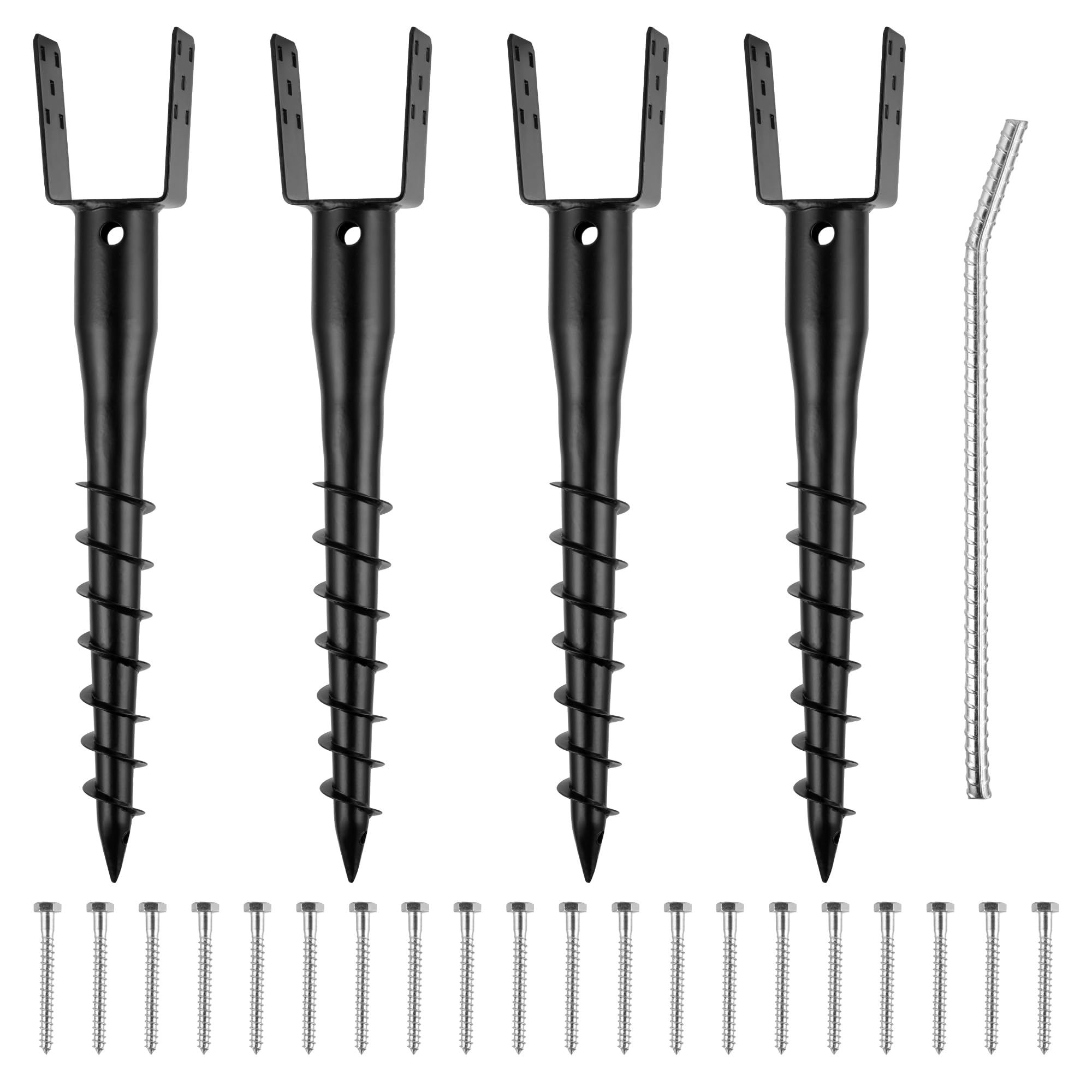 Photo 1 of **SHOWS HEAVY USAGE/DIRTY** is XYADX No Dig Ground Screw Anchor - Black U Shaped Post Stake for 4x4 Wood Posts, Includes Lag Bolts & 27" Rebar, for Mailbox Posts and Fence Posts Anchor, 4 Pack