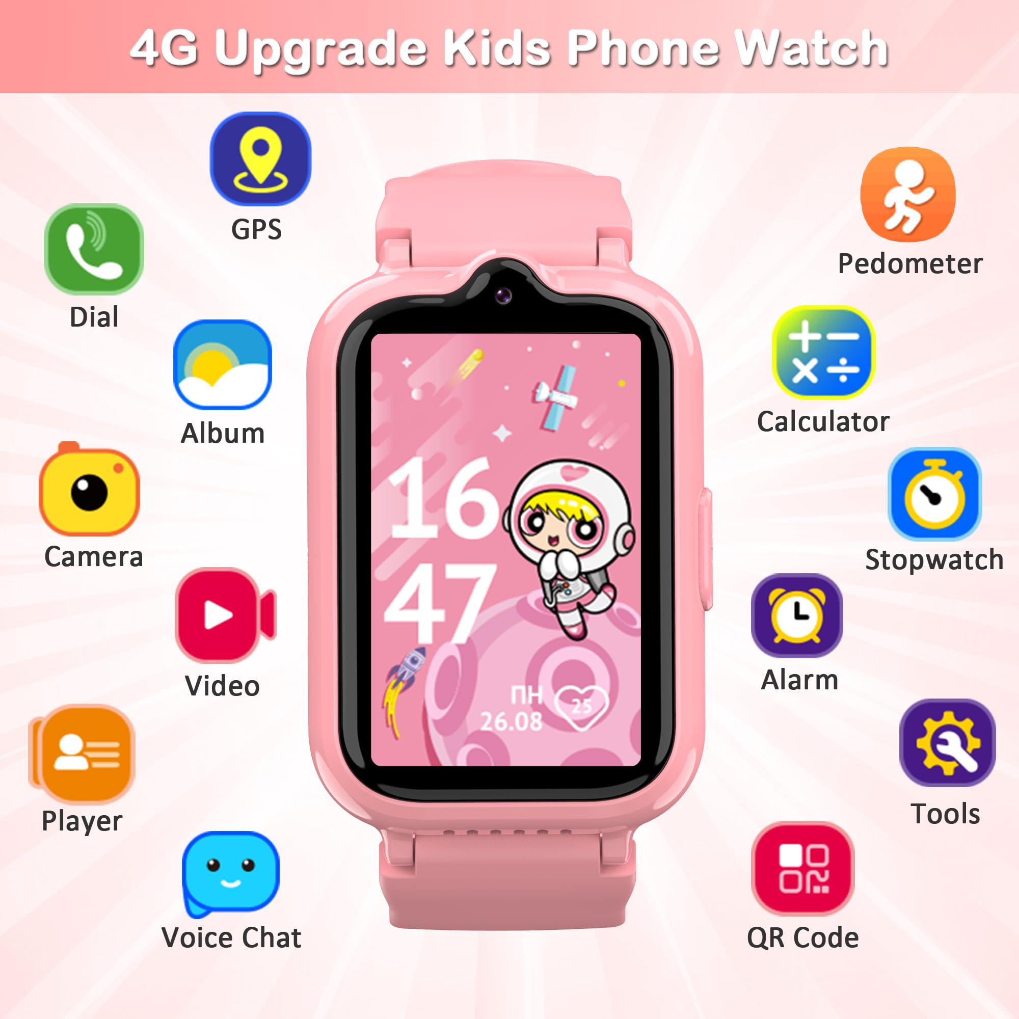 4G Kids Smart Watches for Girls with GPS Tracker, Phone Calling & Voice Chat, WiFi Touch Screen Kids Watches Ages 5-12, SOS Call, Camera, Alarm Clock, Pedometer Birthday Gifts