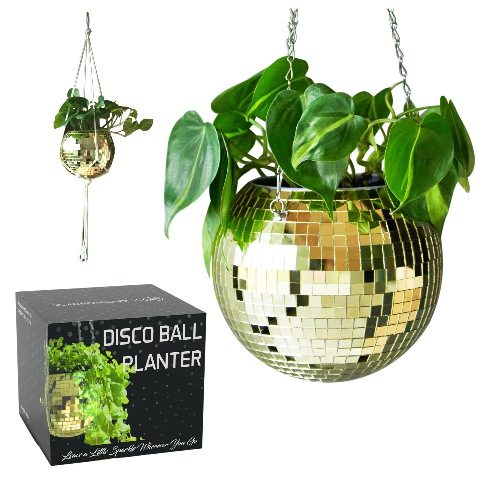 SCANDINORDICA Disco Ball Planter – Disco Ball Plant Hanger, Mirror Disco Planter with Chain, Macrame Hanger, Acrylic Stand and Insert Pot, Hanging Planter | Disco Ball Decor – 20 cm (8“) Gold Image