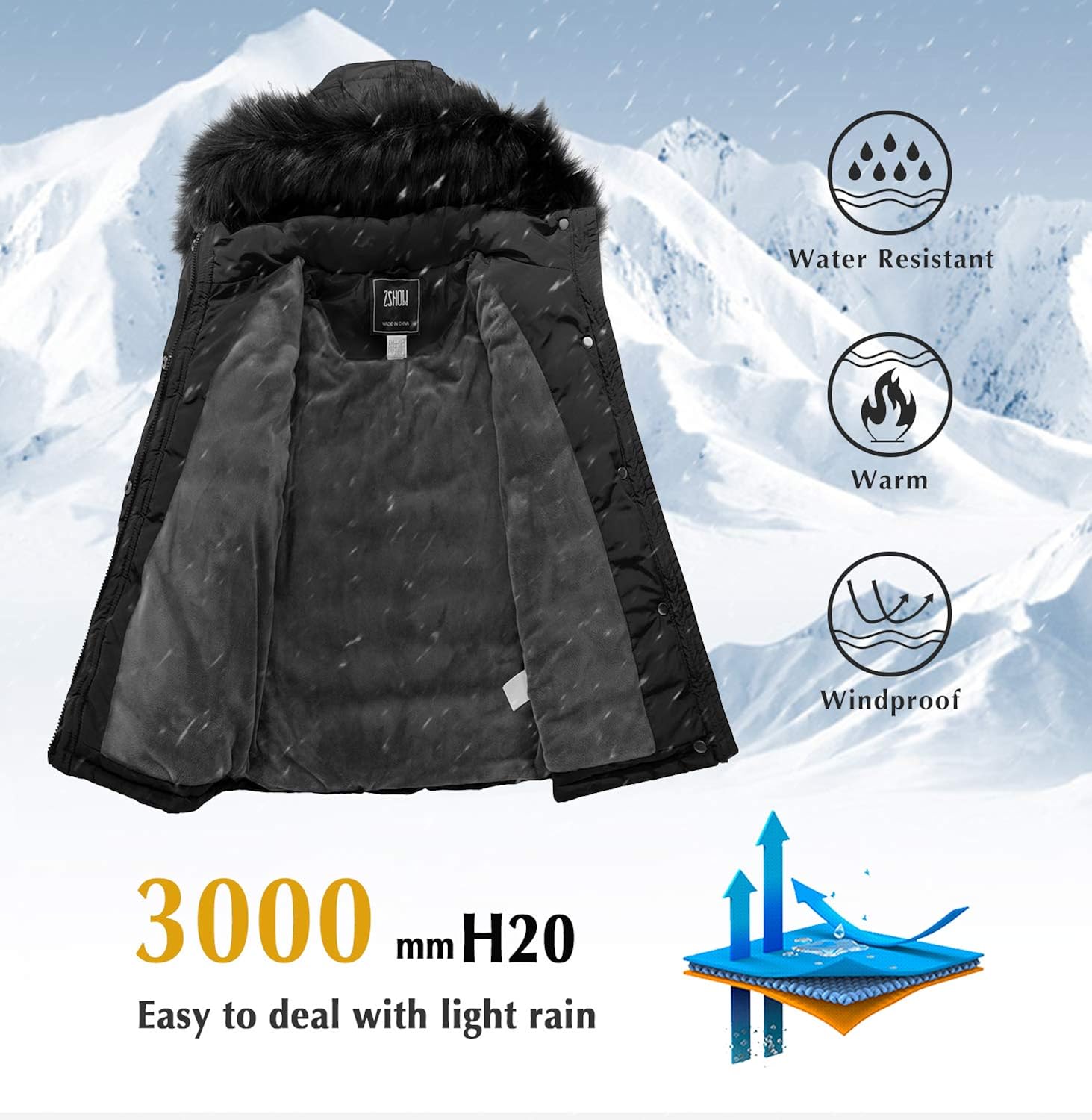 ZSHOW Girls' Water Resistant Puffer Jacket Soft Fleece Lined Padded Hooded Winter Coat: Clothing