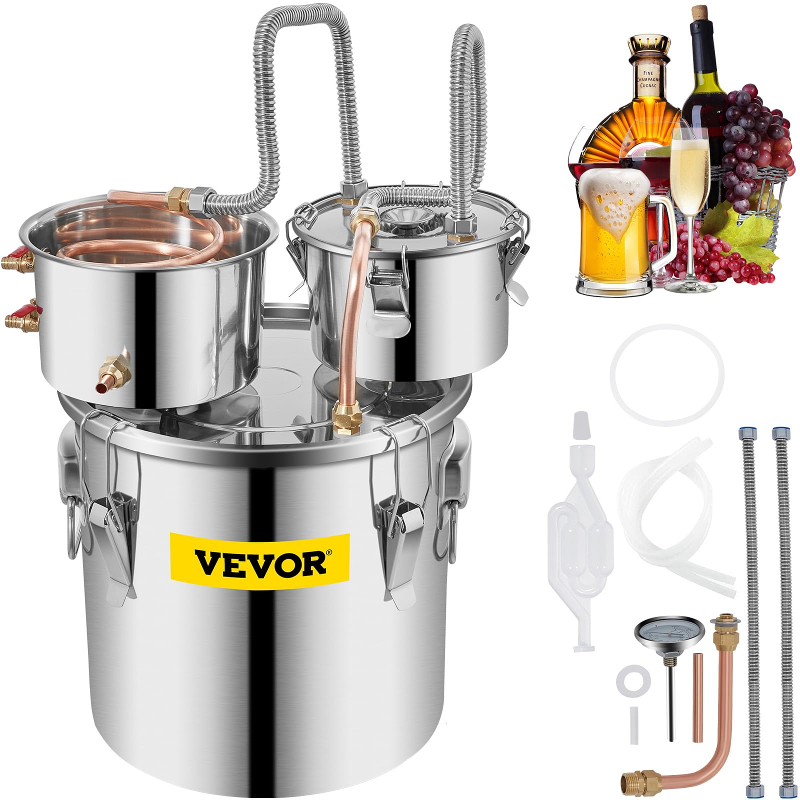 Photo 1 of (missing accessories) (signs of use) VEVOR Alcohol Still 5GAL/20L, Alcohol Distiller with Thumper Keg, Distillery Kit for Alcohol with Copper Tube & Build-in Thermometer & Water Pump