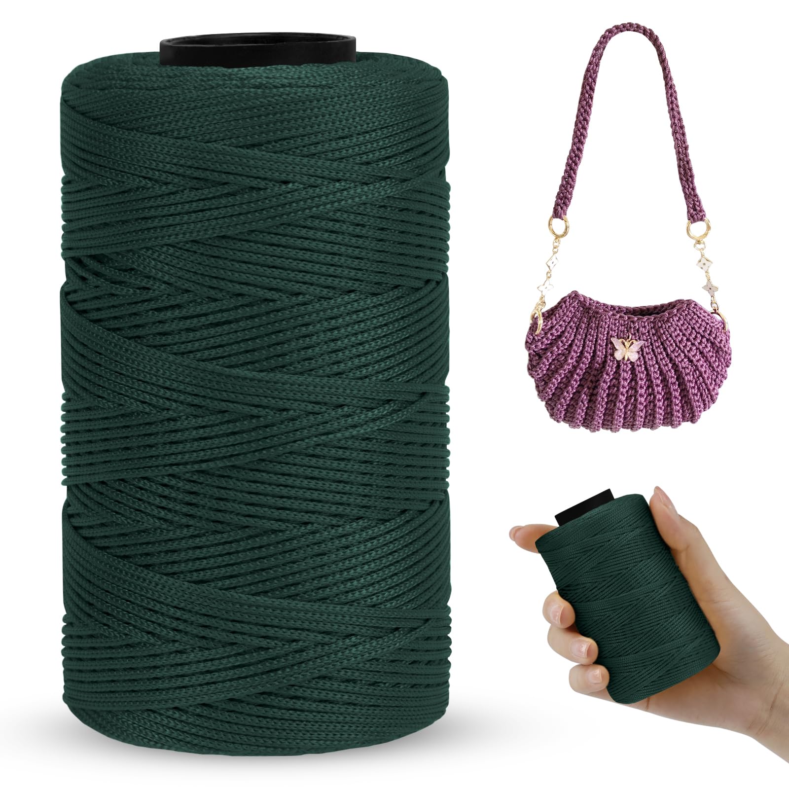 LEREATI Polyester Macrame Cord 1mm x 230m, Polyester Yarn for Crocheting, Braided Polypropylene Crochet Bag Cord Macrame Yarn for Handbag, Beading, DIY Crafts (Dark Green)