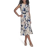 Calvin Klein Womens Sleeveless Belted A-line Flounce Midi Dress