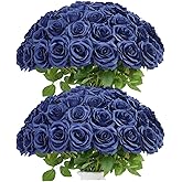 IUKnot 50pcs Navy Blue Roses Artificial Flowers Bulk,Fake Roses Silk Flower with Stems Realistic Flowers for Wedding Centerpiece Home Party Decor
