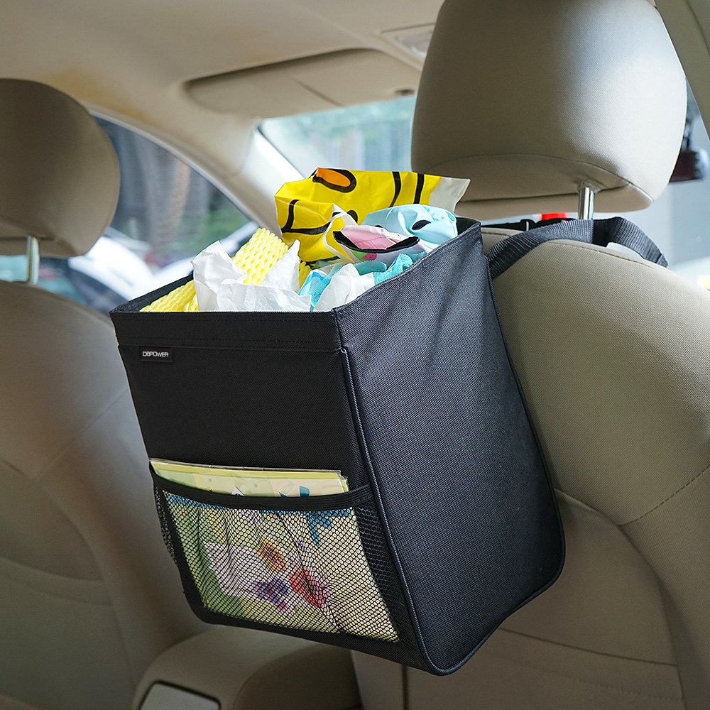 DBPOWER Waterproof Portable Car Trash Can with Side Pockets, Leakproof Drive Garbage Bin With Inner Heat Preservation Bag