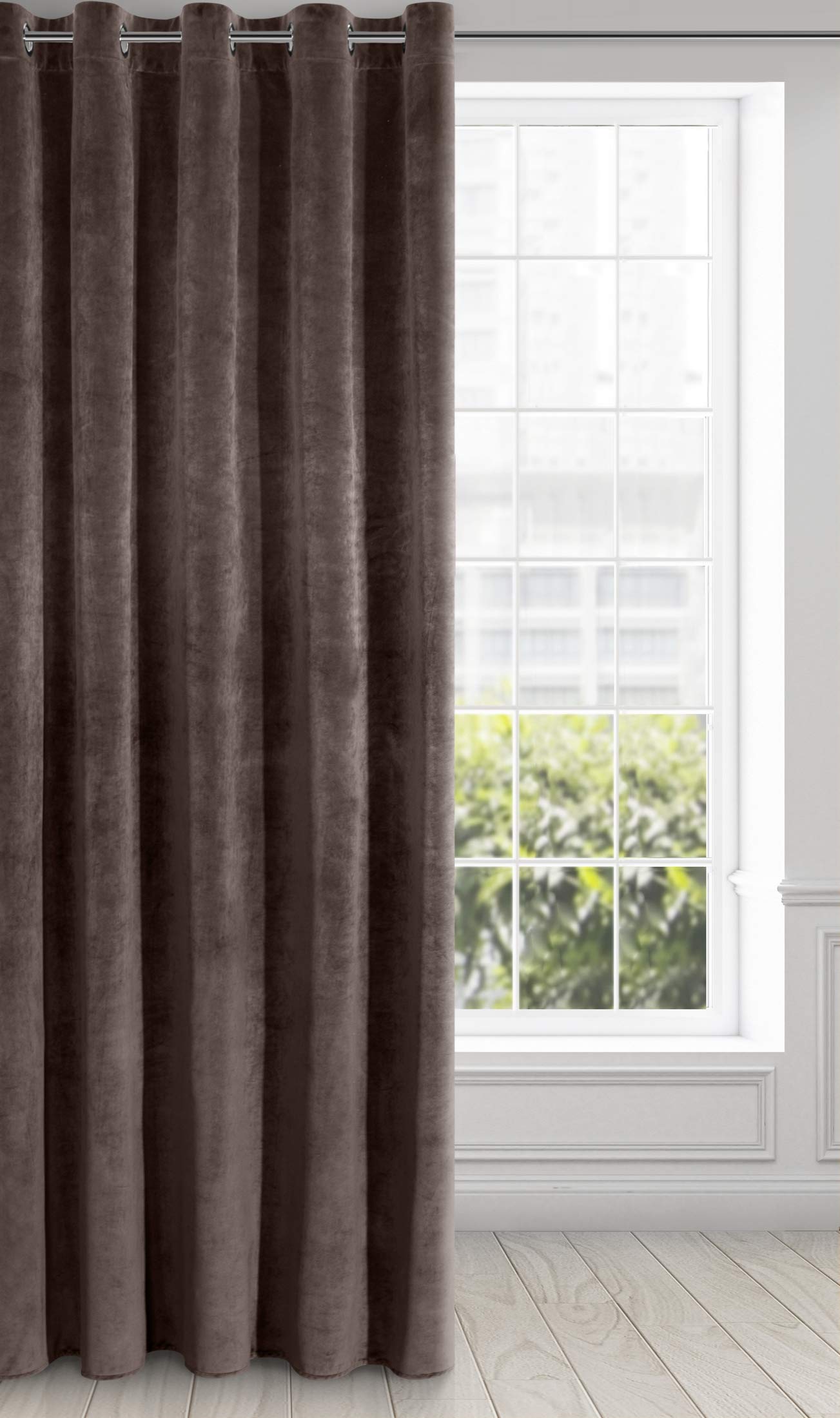 Eurofirany Soft Plain Opaque Velvet Curtain with Eyelets - 1 Unit, Thick Fluffy Panel Drape Classic Glamour Elegant Living Room Bedroom, W55'' x L98.4'', 140x250 cm, Brown
