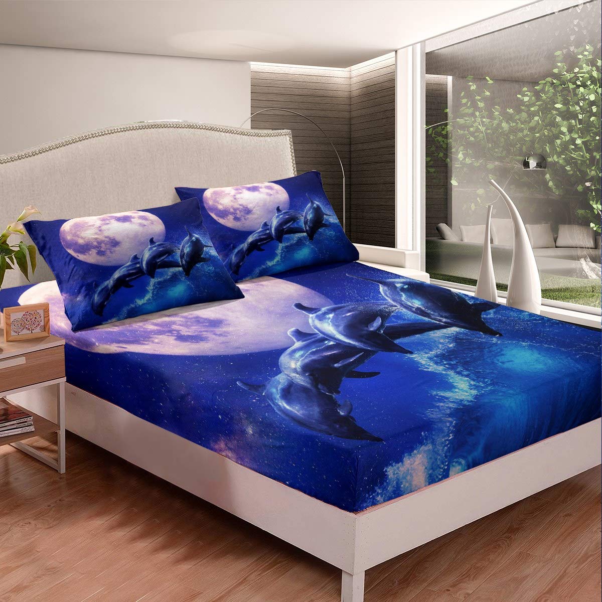 Dolphin Print Fitted Sheet Blue Ocean Marine Bed Sheet Set Moon Galaxy Print Bedding Set For Kids Girls Teens Adults Sea Creatures Bed Cover Room Decor Double Size
