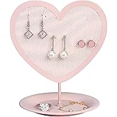 Parlor Boudoir Earring Holder for Girls – Heart-Shaped Pink Metal Stand Jewelry Organizer with Tray for Rings & Bracelets, Cute Vanity Display for Teen Room Decor