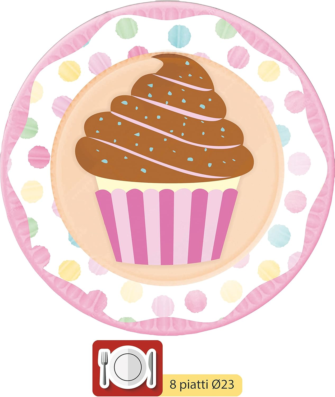 Party Tableware Set Cupcake for 8 people (44 pcs: 8 plates diameter 23cm, 8 plates diameter 18cm, 8 cups 200ml - Image 4