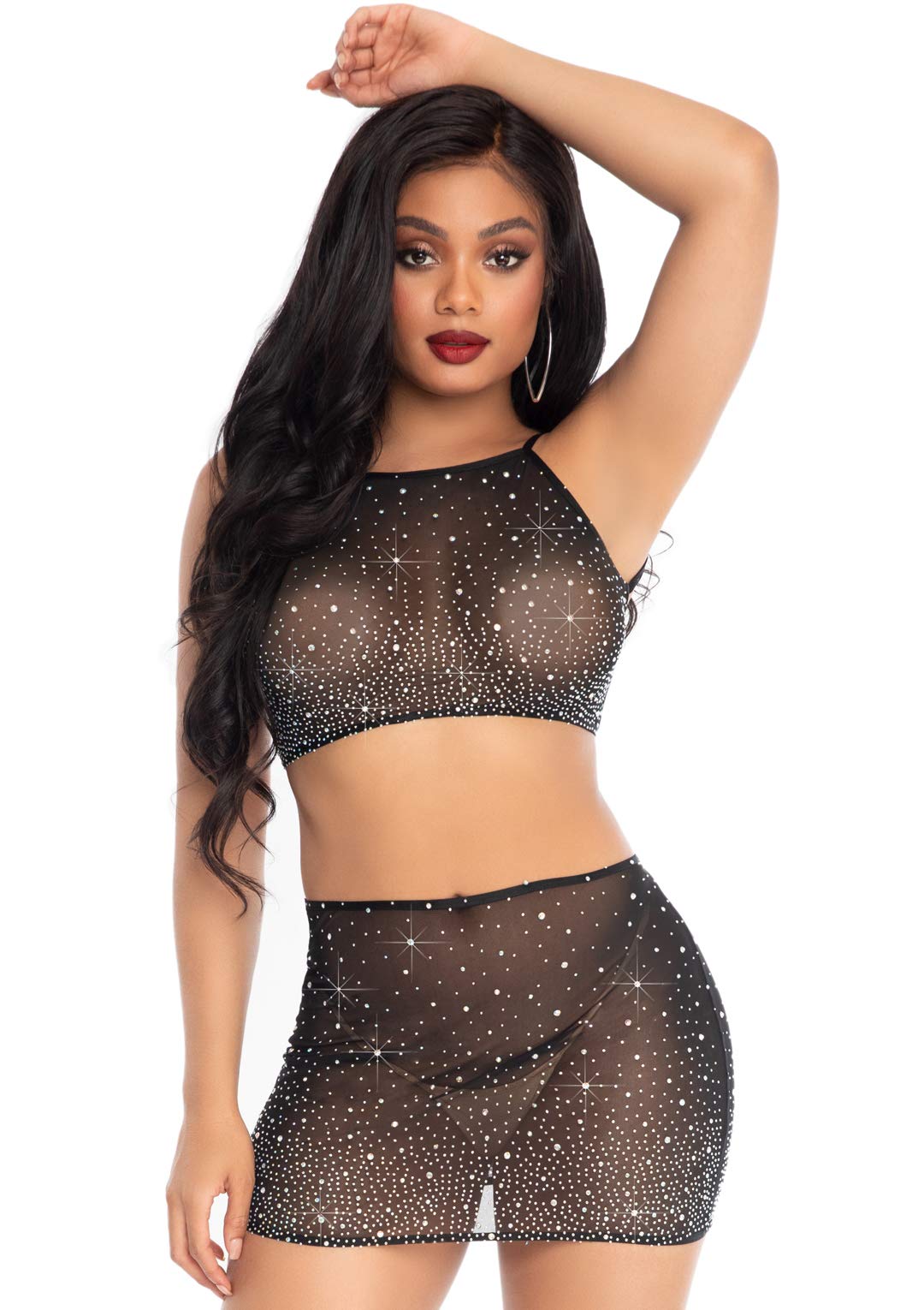 Leg Avenue Spandex Sheer Crop Top and Skirt, S (UK 6-8), Black, 150 g