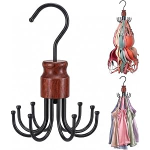 2 Pack Tank Top Hanger, Rotating Bra Organizer for Closet | Wooden Bra Holder with 8 Foldable Hooks, Heavy-Duty Sports Bras H