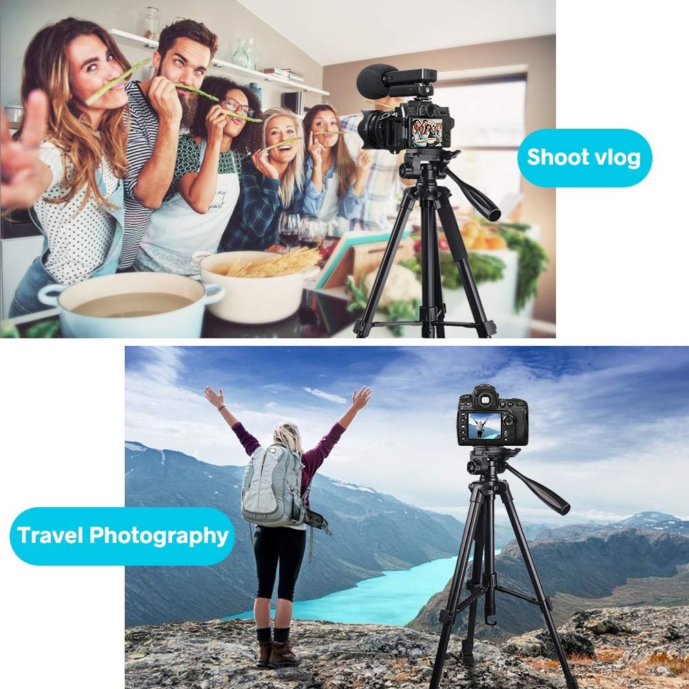 Torjim 60” Camera Tripod with Carry Bag, Lightweight Travel Aluminum Professional Tripod Stand (5kg/11lb Load) with Bluetooth Remote for DSLR SLR Cameras Compatible with iPhone & Android Phone-Black : Camera & Photo