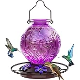 Glass Hummingbird Feeder for Outdoors Hanging, 25Oz Humming Bird Nectar Feeders with Perch & 5 Flower Feeding Ports, Leak Proof for Outside Garden Decor, Gifts for Women (Purple)