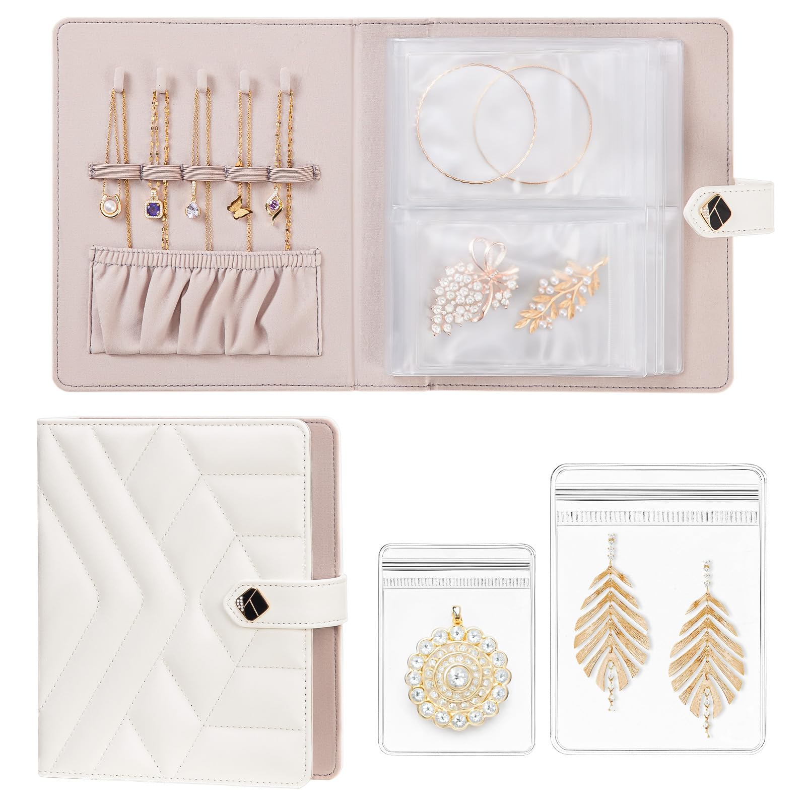 Photo 1 of (see all images) Homde Women Travel Jewelry Box: Traveling Organizer for Ring Necklace Bracelet - Storage Book with Plastic Pouches for Friend Sister Mother