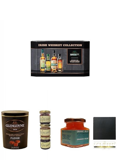 Cooley Collection neues Design Irish Whisky Mini 4 x 5cl + Glengoyne Malt Whisky Fudge in Blechdose 300g + Slyrs Marmelade Mi