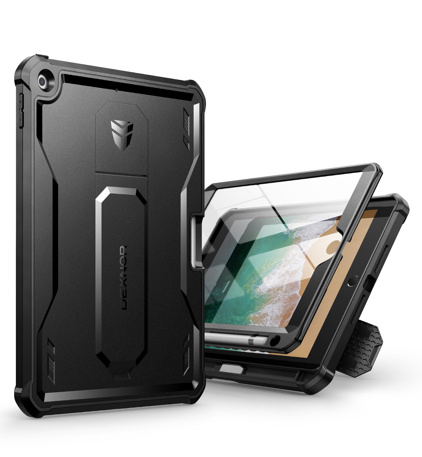 Dexnor for ipad 9.7 Inch(2017-2018) Case, [Built in Screen Protector and Kickstand] Heavy Duty Military Grade Protection Shockproof Protective Cover for ipad 9.7 inch(2017-2018) - Black