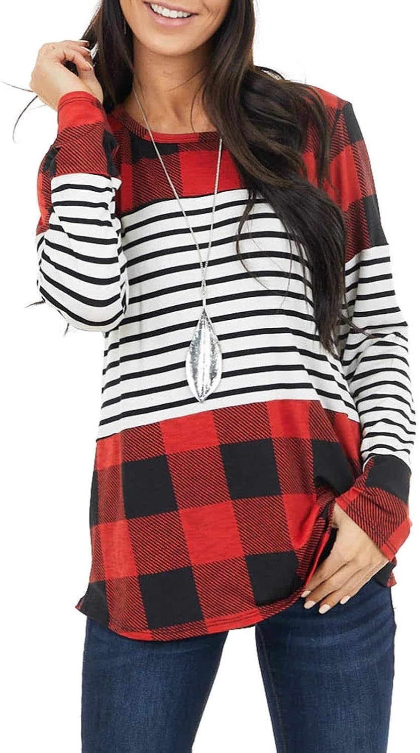Christmas Shirts O Neck Plaid Blouse Tee Raglan Top Long Sleeve